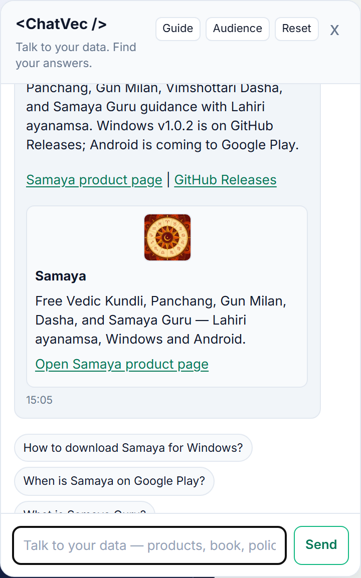 ChatVec guided conversation panel — intent-guided answers for Samaya, Yonah, Setum, and KARTA