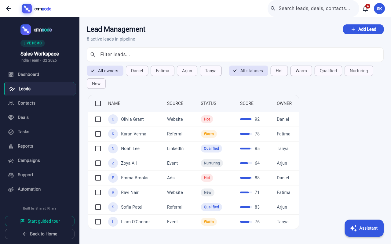Crmnode lead management — lead scoring, status filters, and convert-to-contact workflows