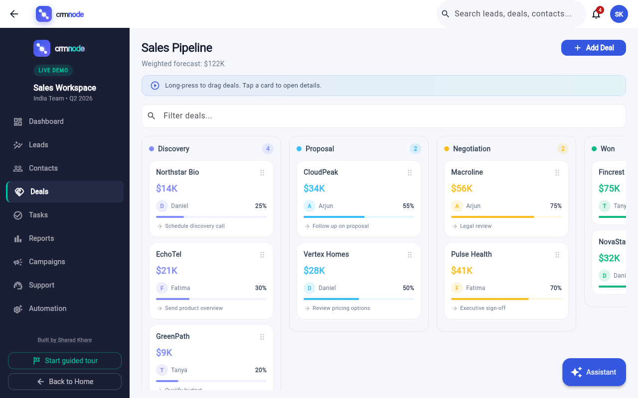 Crmnode visual pipeline — drag-and-drop Kanban board with deal stages from Discovery to Won