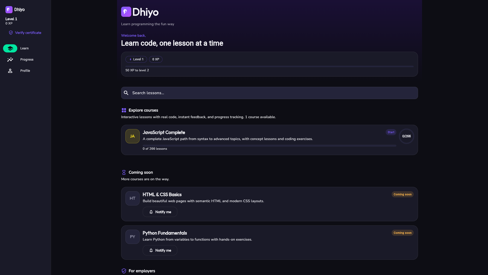Dhiyo course catalog — explore interactive coding courses on the self-learning platform by Sharad Khare