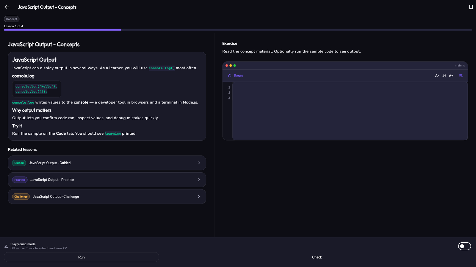 Dhiyo lesson screen — interactive coding exercises with in-browser editor by Sharad Khare