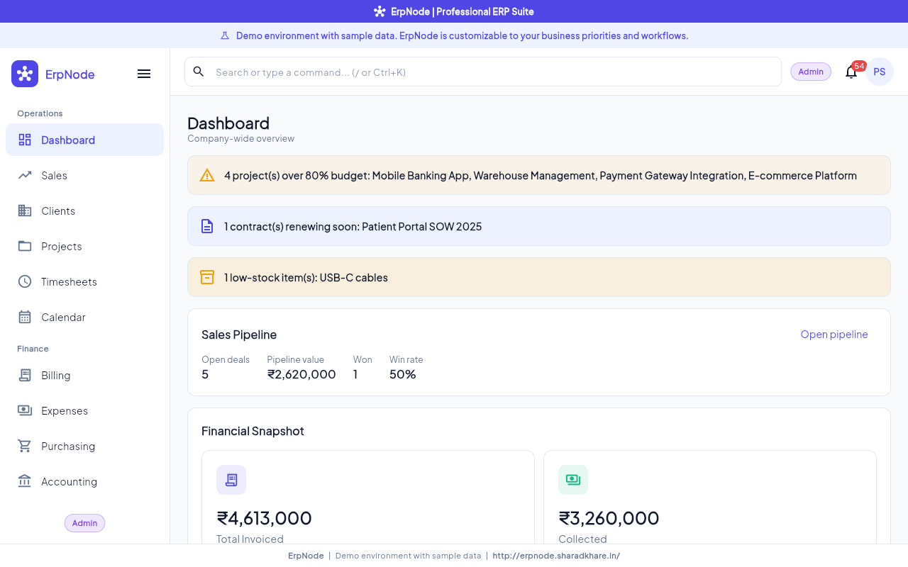 ErpNode ERP demo — role-aware operations dashboard with KPI cards, revenue trend, and team activity feed by Sharad Khare