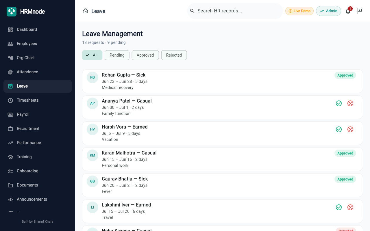 HRMnode leave management — balances, requests, and approve/reject workflow