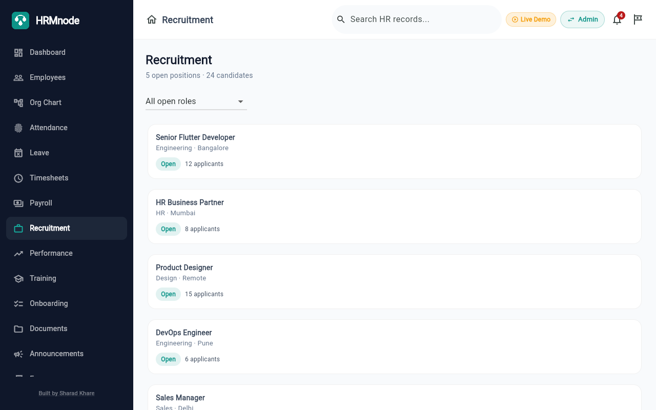 HRMnode recruitment pipeline — drag-and-drop Kanban from Applied to Hired