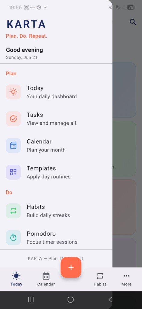 KARTA Android app — Plan and Do menu with Today, Tasks, Calendar, Habits, and Pomodoro