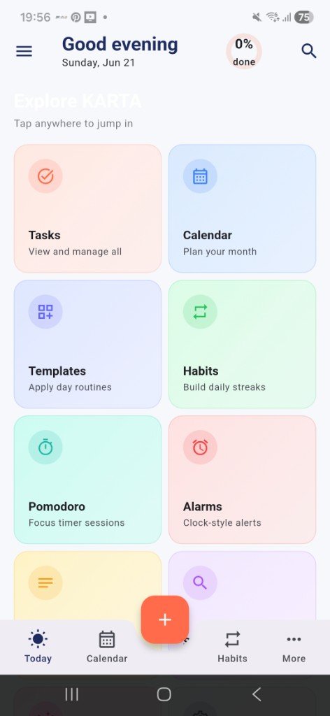 KARTA Android daily planner — Explore KARTA dashboard with tasks, habits, and Pomodoro by Sharad Khare