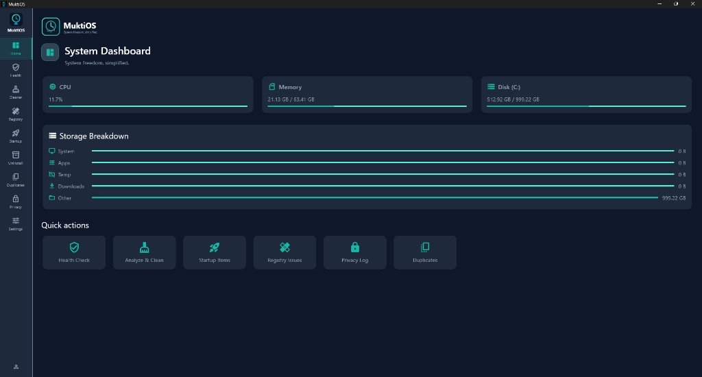 MuktiOS Windows app — system dashboard with CPU, memory, disk usage, storage breakdown, and quick actions by Sharad Khare