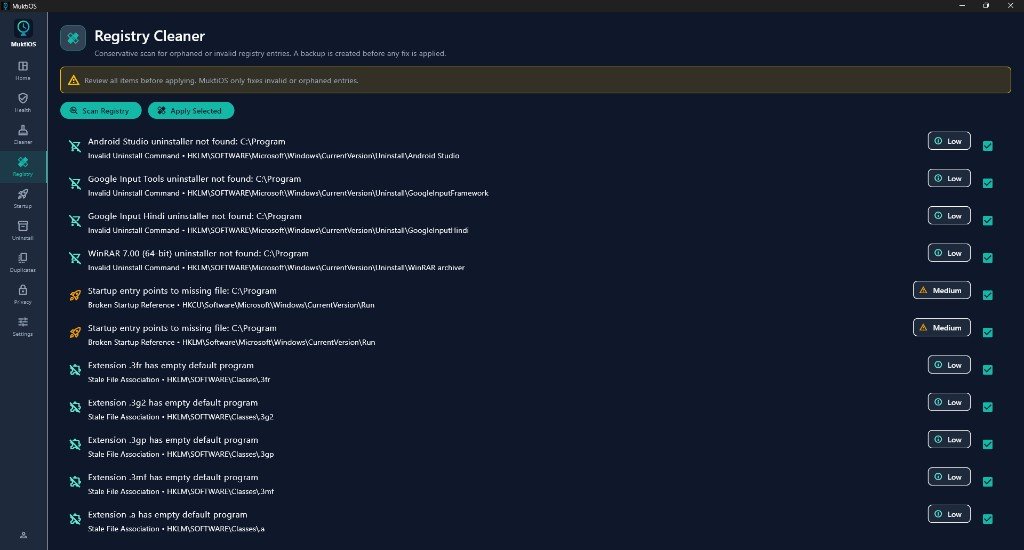 MuktiOS registry cleaner — conservative scan for orphaned registry entries with severity badges and review-before-fix workflow