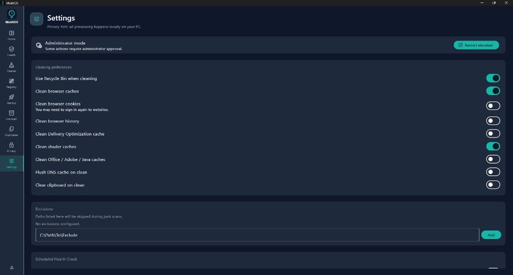 MuktiOS settings — privacy-first cleaning preferences, exclusions, and scheduled health check options