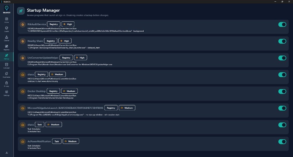 MuktiOS startup manager — view and disable registry and Task Scheduler startup items with impact tags