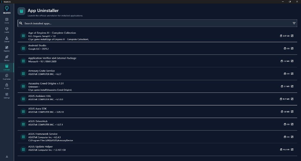 MuktiOS app uninstaller — search installed Windows applications with publisher, version, path, and size