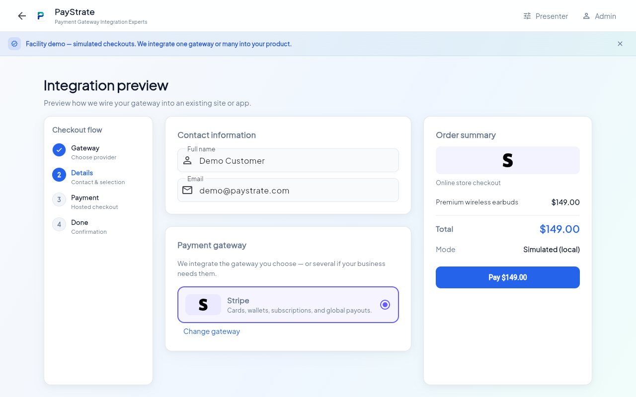 PayStrate simulated hosted checkout — multi-gateway payment flow demo by Sharad Khare