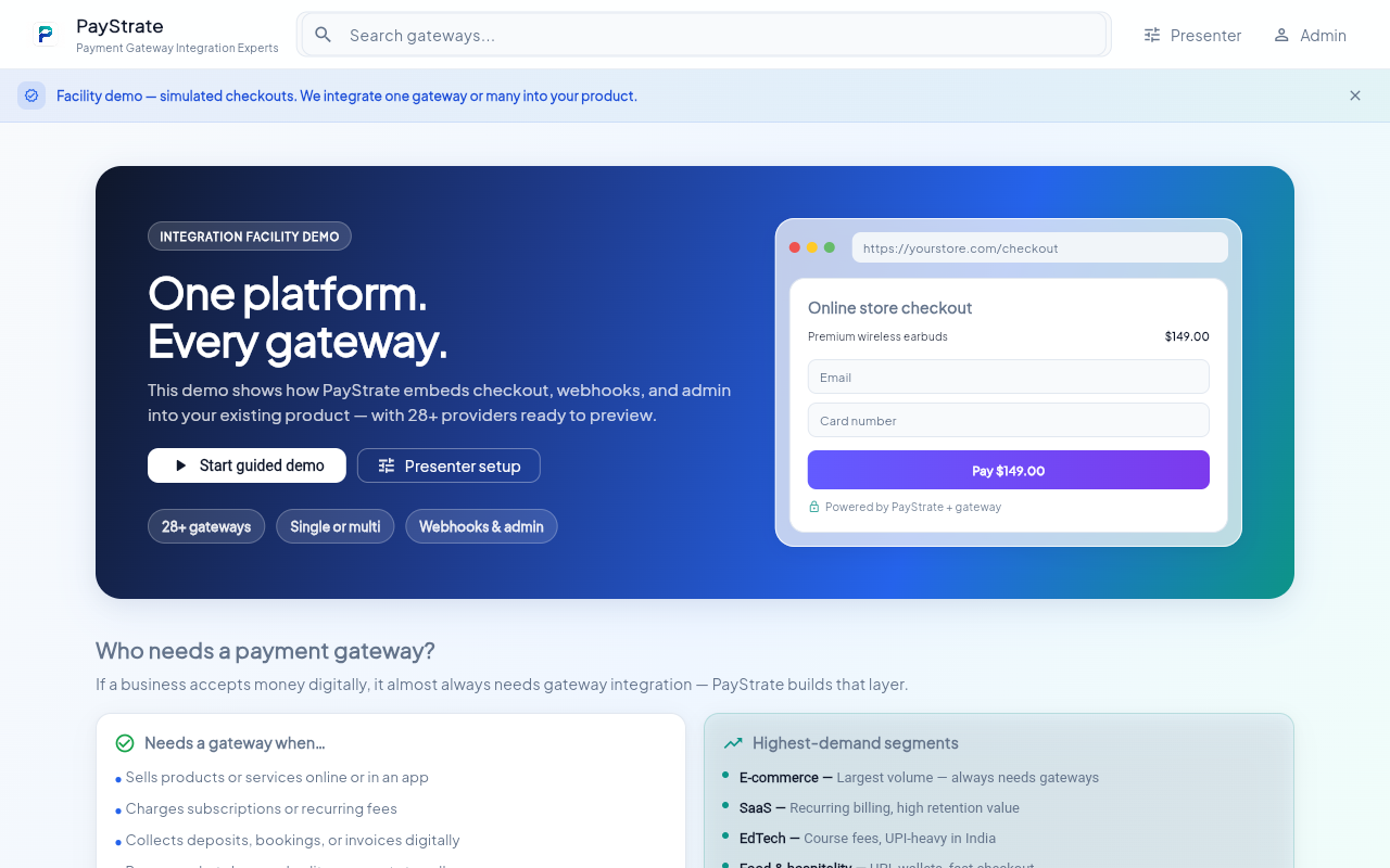 PayStrate gateway showcase — browse 20+ payment providers including Stripe, Razorpay, and PayPal