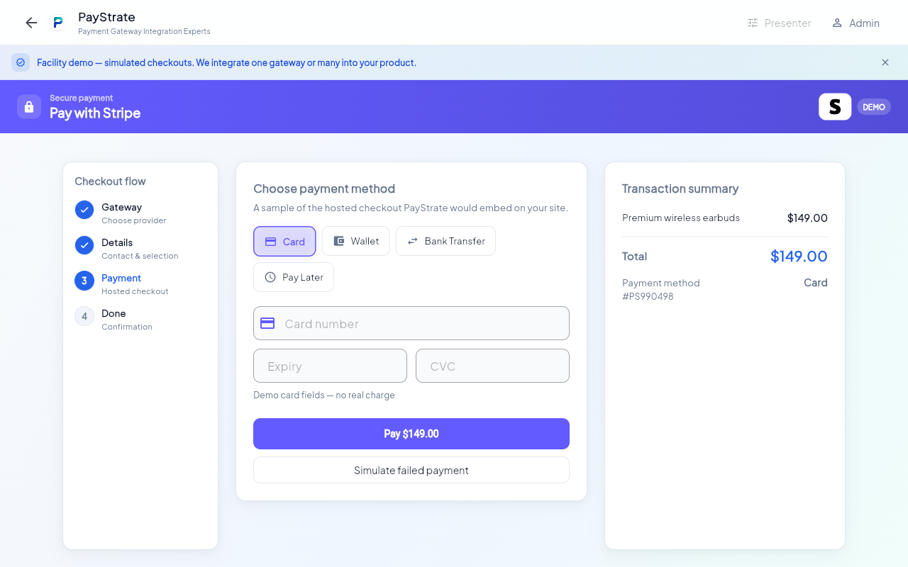 PayStrate checkout — switch between Card, UPI, net banking, and wallet payment methods