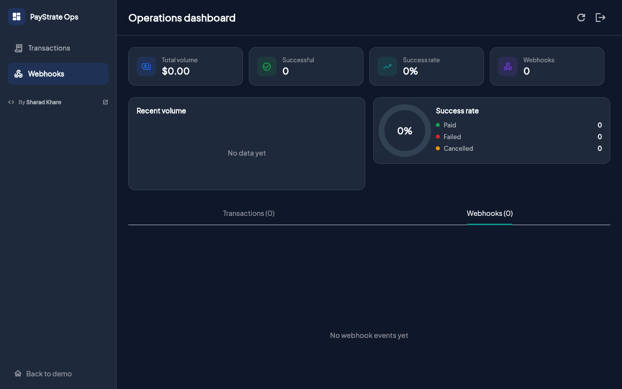 PayStrate webhook timeline — payment event notifications in the integration demo