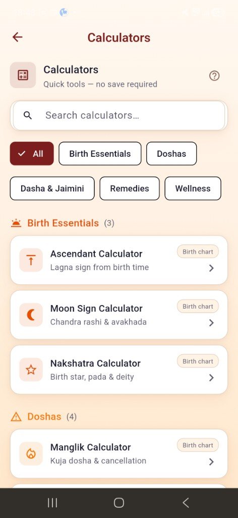 Samaya vedic astrology calculators — Lagna, Nakshatra, Manglik, and Jyotish timing tools on Android