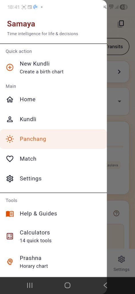 Samaya vedic astrology app menu — Kundli, Panchang, Gun Milan matchmaking, and Jyotish tool navigation