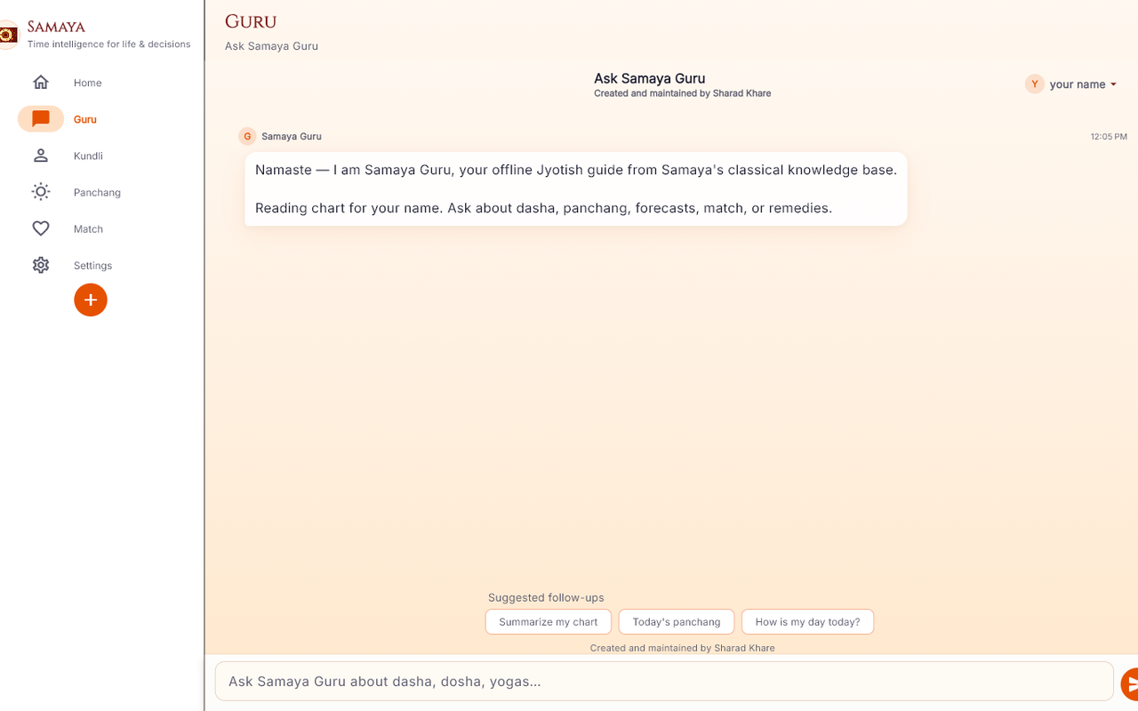 Samaya Windows app — Samaya Guru offline Jyotish chat assistant for dasha, panchang, and chart guidance