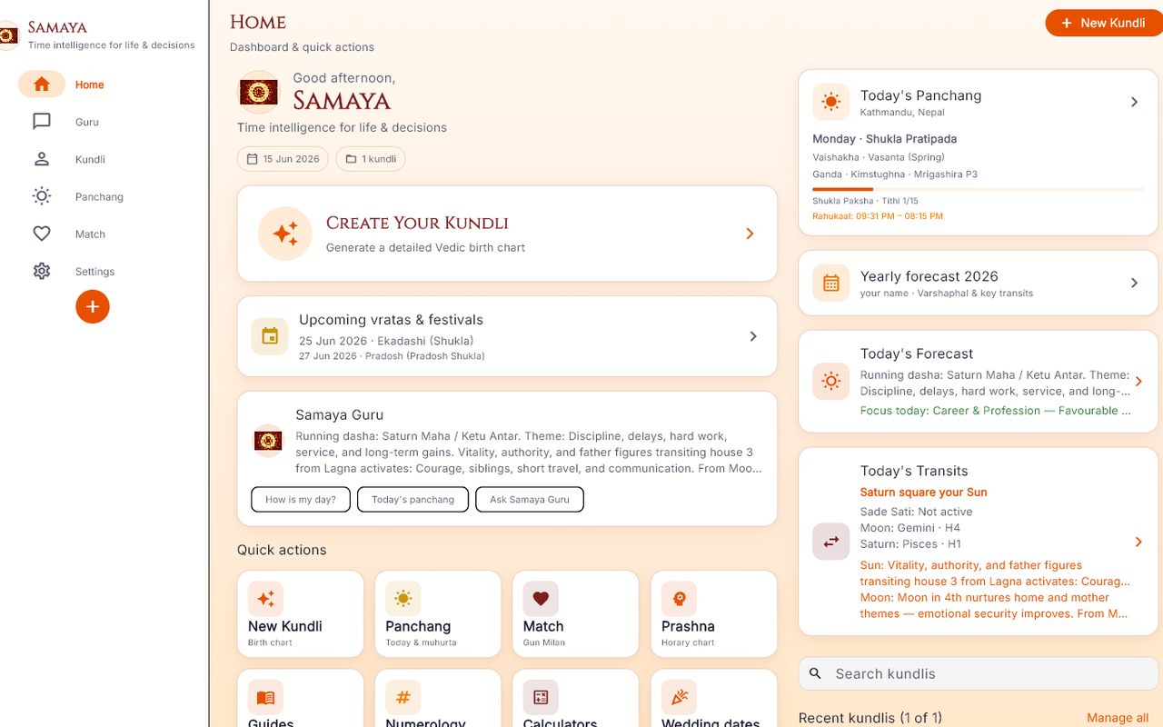 Samaya Windows app — home dashboard with Panchang, Kundli shortcuts, Samaya Guru, and Jyotish quick actions by Sharad Khare