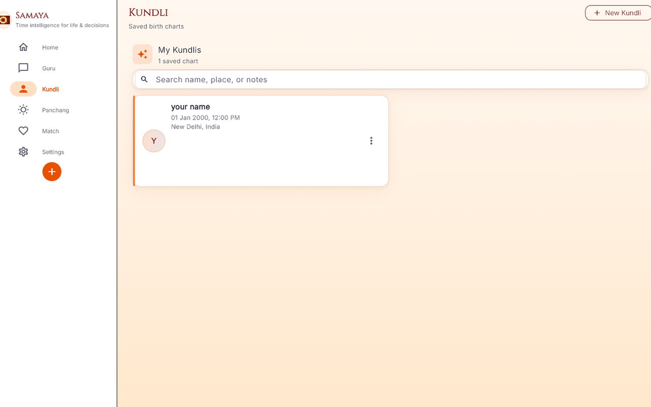 Samaya Windows app — saved Kundli birth charts list with search and profile management for Jyotish practice