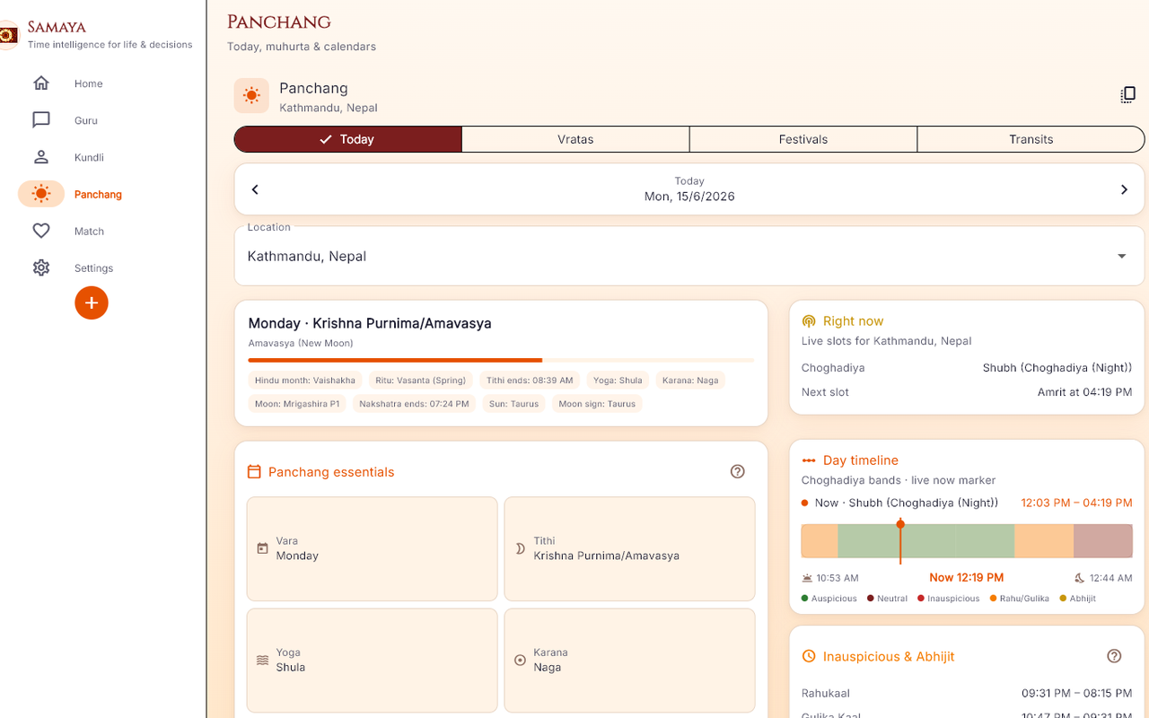 Samaya Windows app — daily Panchang with Choghadiya timeline, muhurta, tithi, yoga, and karana for Vedic timing