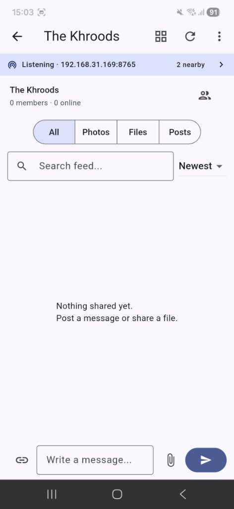 Setum Android app — group feed with All, Photos, Files, and Posts tabs for LAN media sharing
