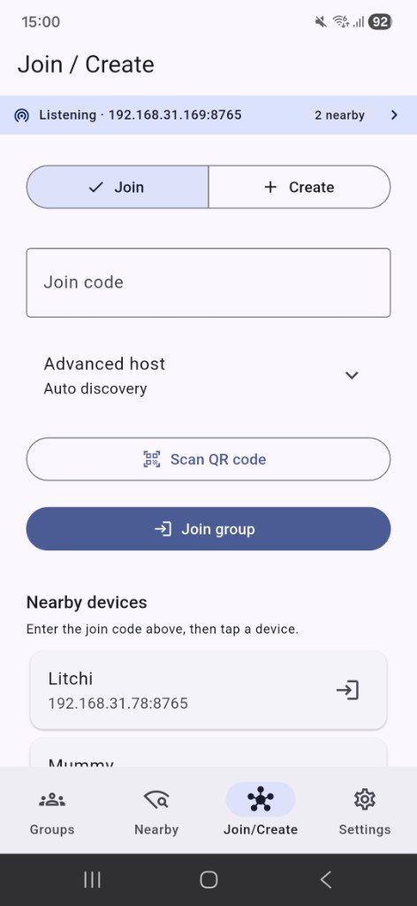 Setum Android app — Join / Create screen with join code, QR scan, and nearby devices on the same Wi‑Fi