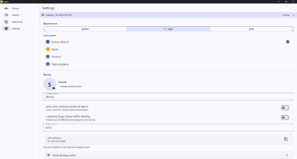 Setum Windows app — Settings with theme presets, device profile, listen port, and network diagnostics