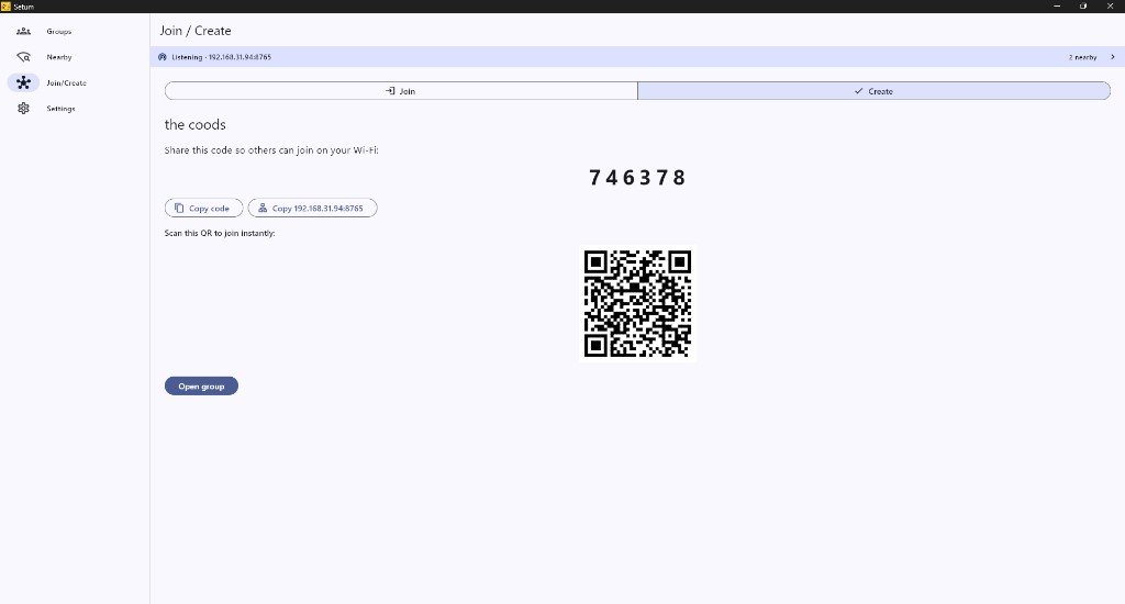 Setum Windows app — Create group screen with 6-digit join code and QR code for instant LAN joining