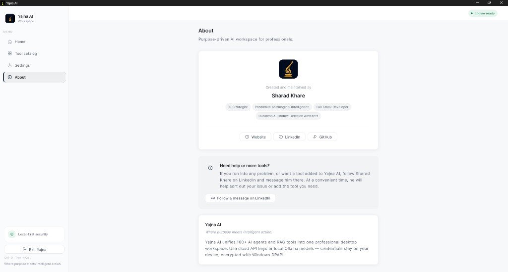 Yajna AI About page — purpose-driven AI workspace created by Sharad Khare