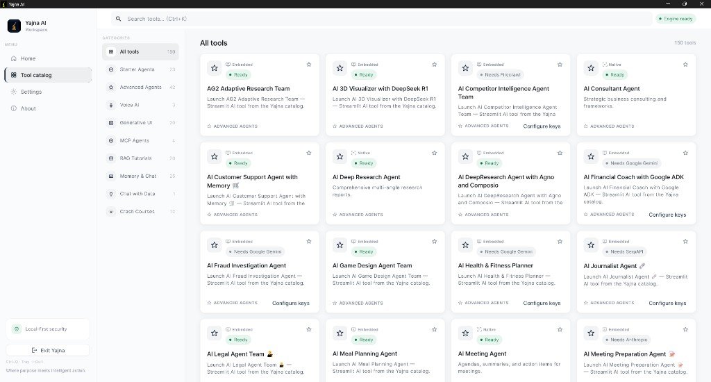 Yajna AI tool catalog by Sharad Khare — browse 150+ AI agents by category with readiness indicators