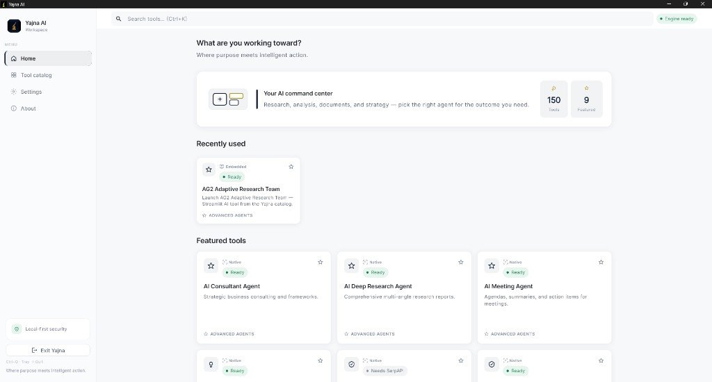 Yajna AI Windows app — home dashboard with featured tools, recently used agents, and command center by Sharad Khare