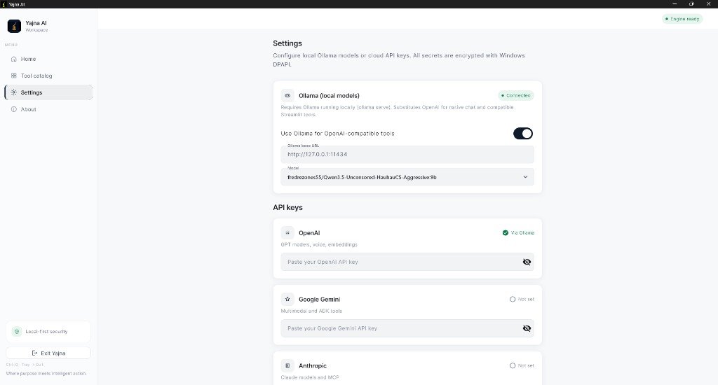 Yajna AI Settings by Sharad Khare — configure Ollama local models and cloud API keys stored on your device