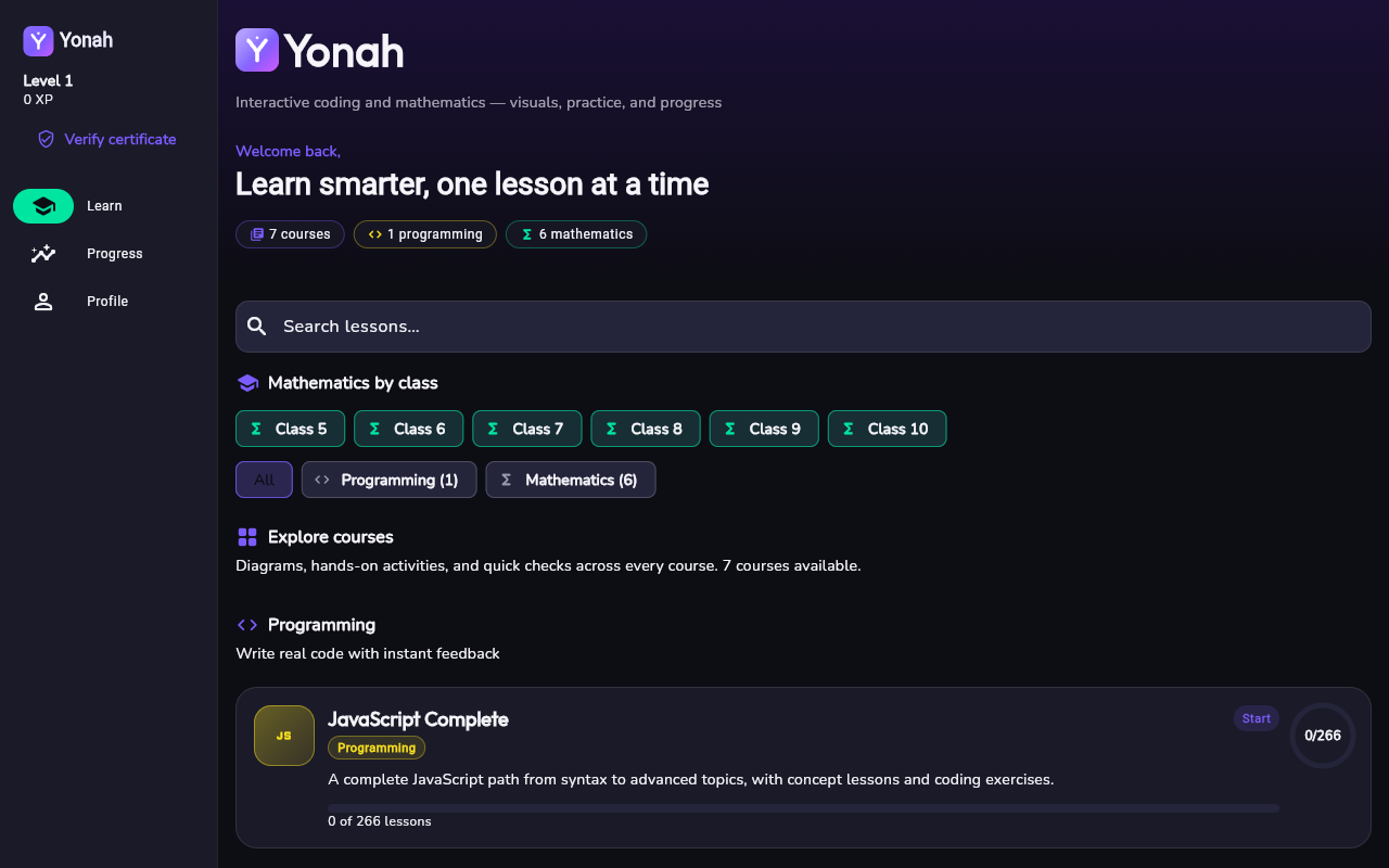 Yonah course catalog — explore interactive coding courses on the self-learning platform by Sharad Khare