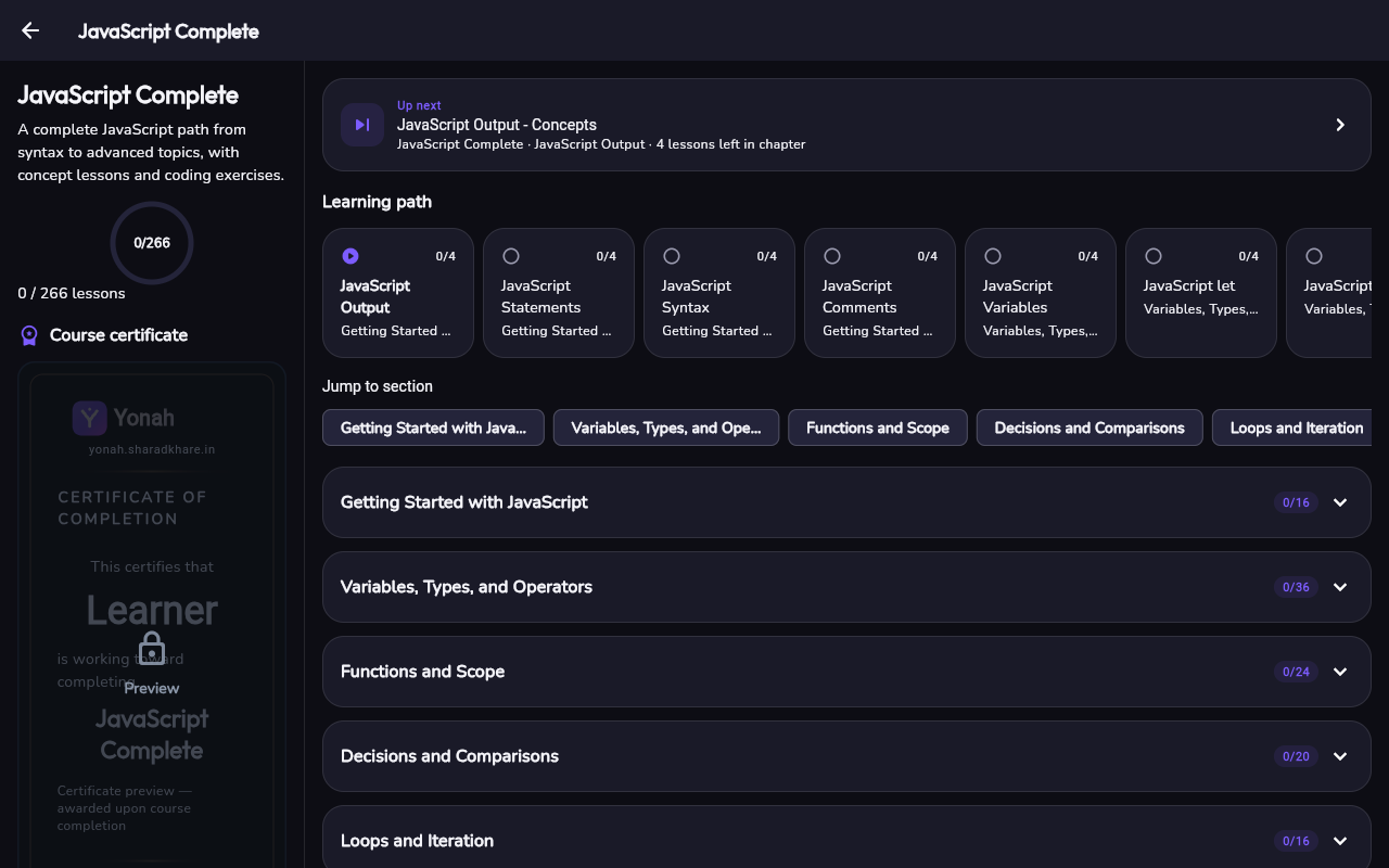 Yonah learning path roadmap — chapter-by-chapter JavaScript course progression
